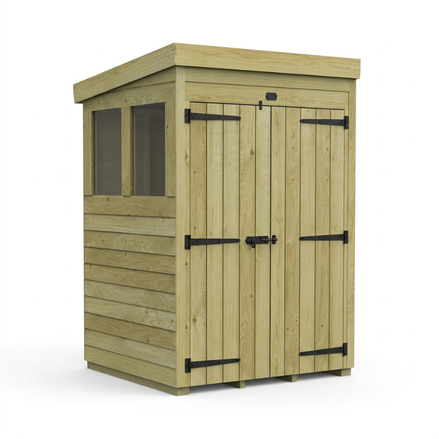 4 x 4 Pent Shed Double Door, With Windows