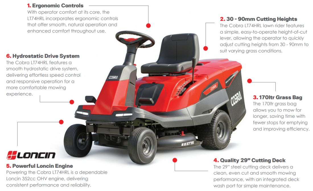 Cobra LT74HRL Lawn Rider with Hydrostatic Drive System 74cm / 352cc