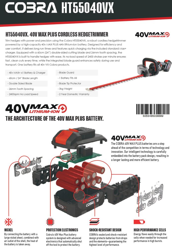 Cobra HT55040VX Cordless Hedge Trimmer KIT / 40v / 60cm / 4Ah