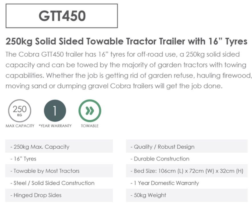 Cobra GTT450 Trailer for Ride-On Tractor - Solid Sided / 250kg capacity